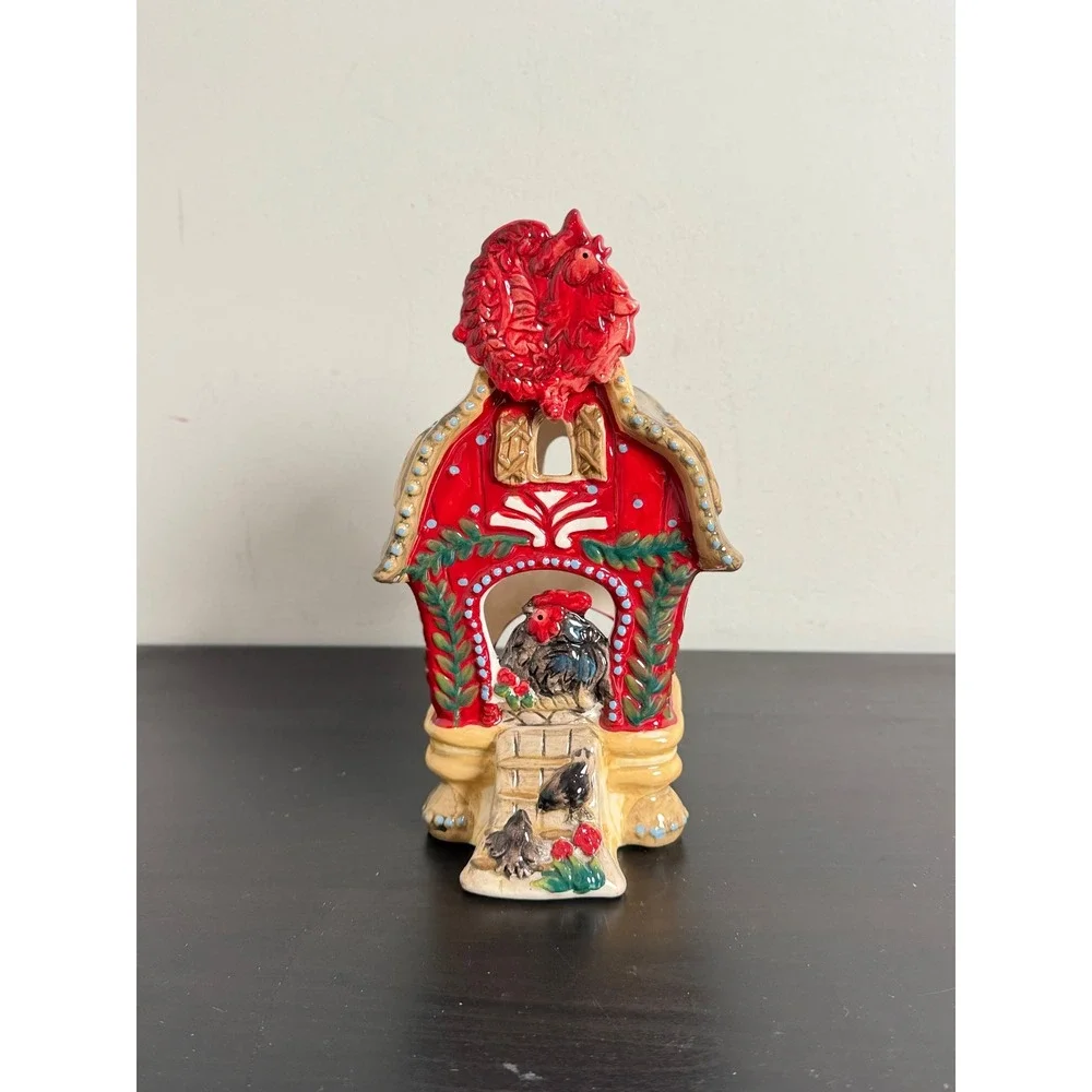 Blue Sky 2011 Ceramic Red Barn Rooster Tea Light Candle Holder RARE **READ